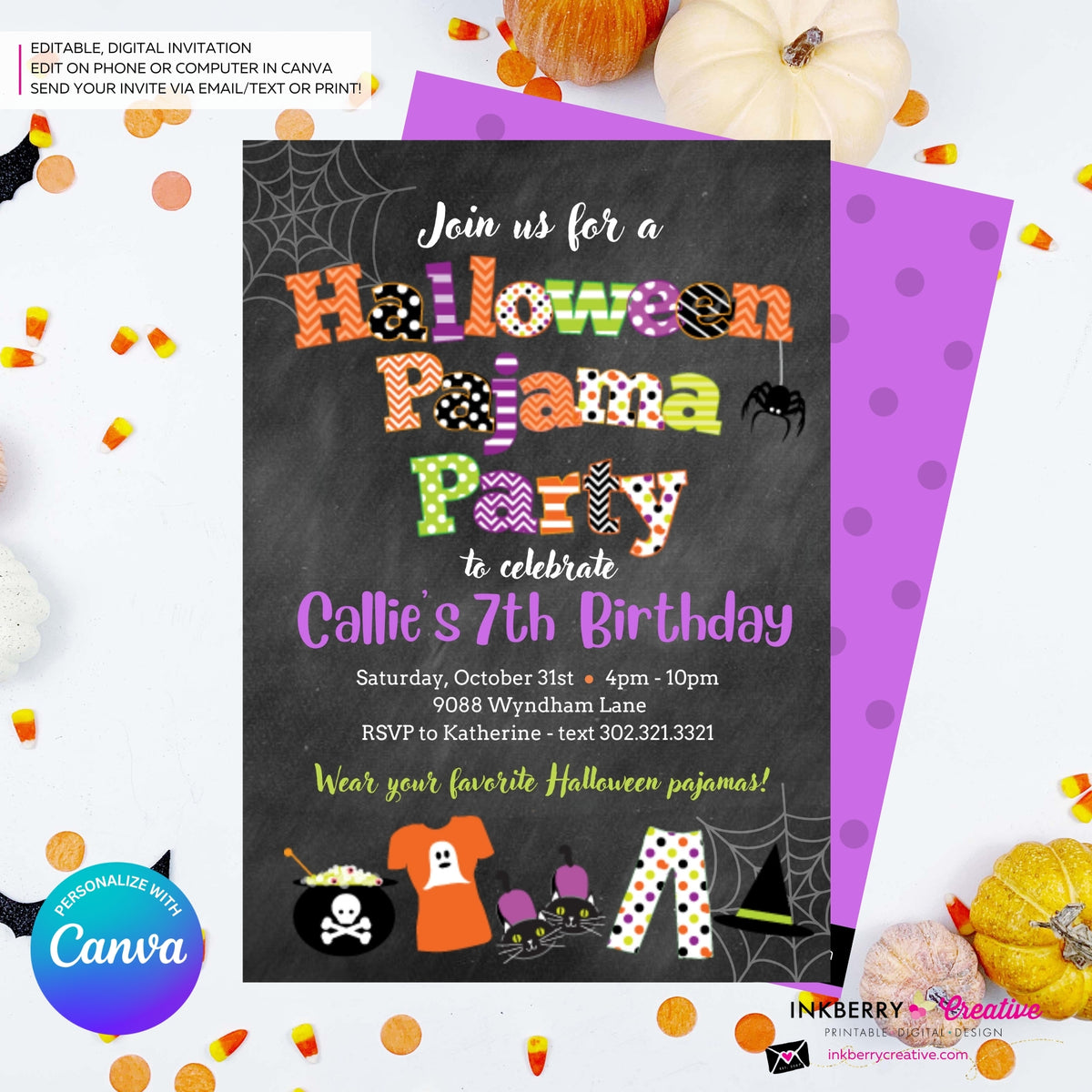 Halloween Pajama Party Invitation Chalkboard Editable in Canva