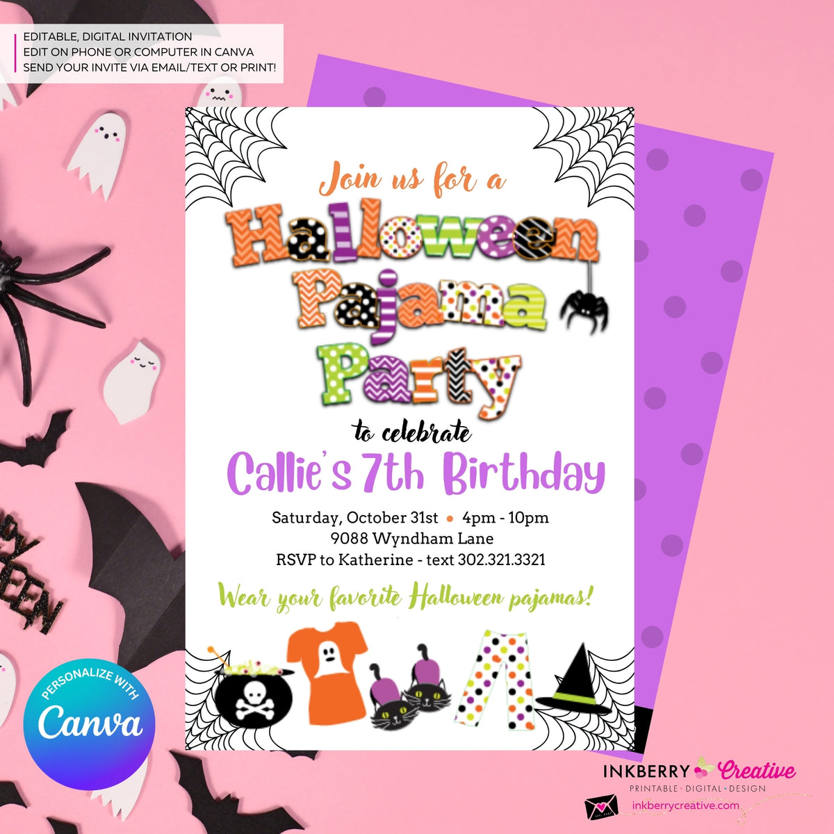 Halloween Pajama Party Invitation Editable in Canva
