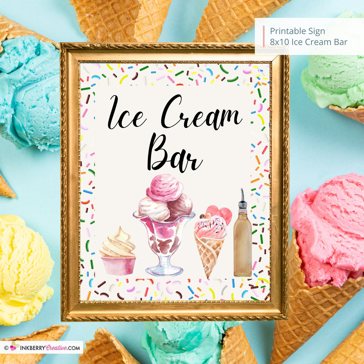 Ice Cream Bar Printable Sign, Wedding Sign, Bridal Baby Shower Birthda – Inkberry Creative for Free Printable Ice Cream Signs