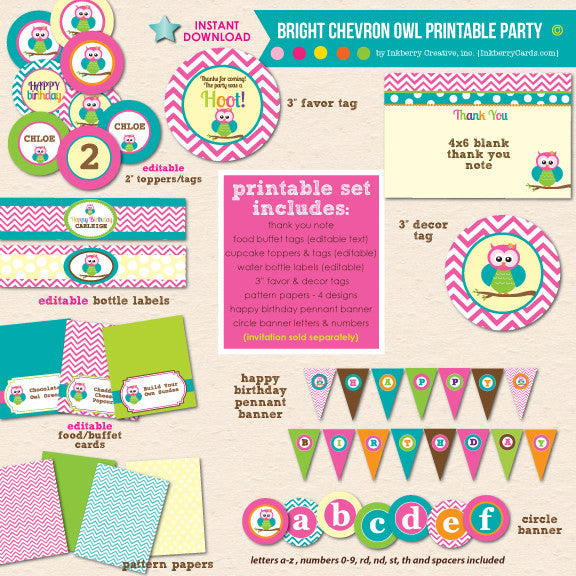 Bright Chevron Owl Birthday - DIY Printable Party Pack - inkberrycards