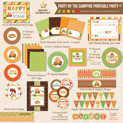 Party by the Campfire - Camping Birthday - DIY Printable Party Pack - inkberrycards