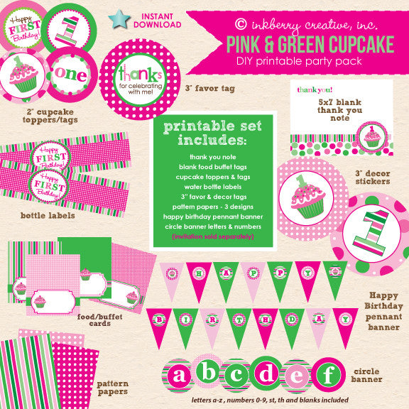 Cupcake Cutie Pie (Pink & Green) 1st Birthday - DIY Printable Party Pack - inkberrycards