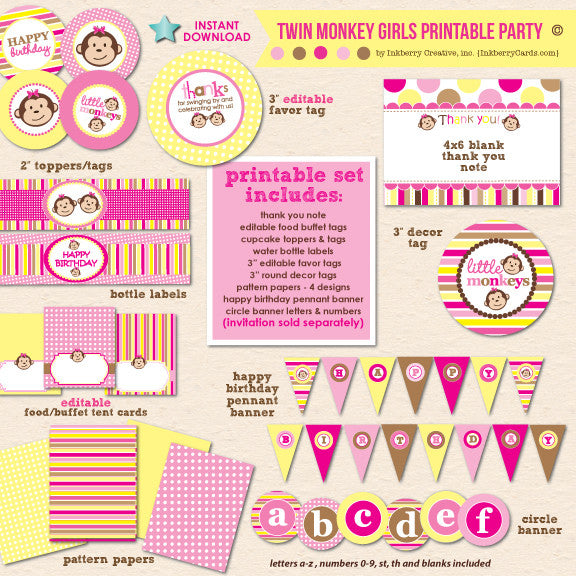 Twin Monkey Girls Birthday (Pink & Yellow) - DIY Printable Party Pack - inkberrycards