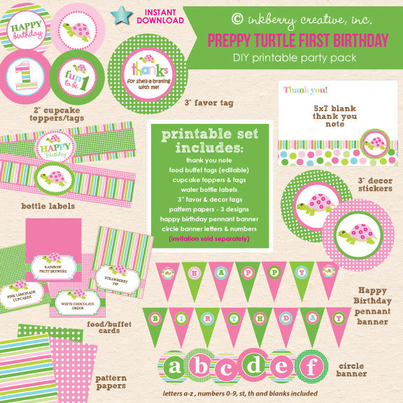 Preppy Turtle Girl First Birthday Shell-a-bration - DIY Printable Party Pack - inkberrycards