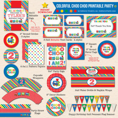 Colorful Choo Choo Train 2nd Birthday - DIY Printable Party Pack - inkberrycards