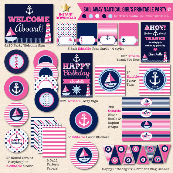 Sail Away Nautical Girl's Birthday - DIY Printable Party Pack - inkberrycards