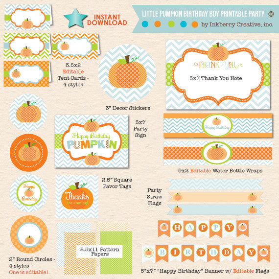 Little Pumpkin Boy Birthday - DIY Printable Party Pack - inkberrycards