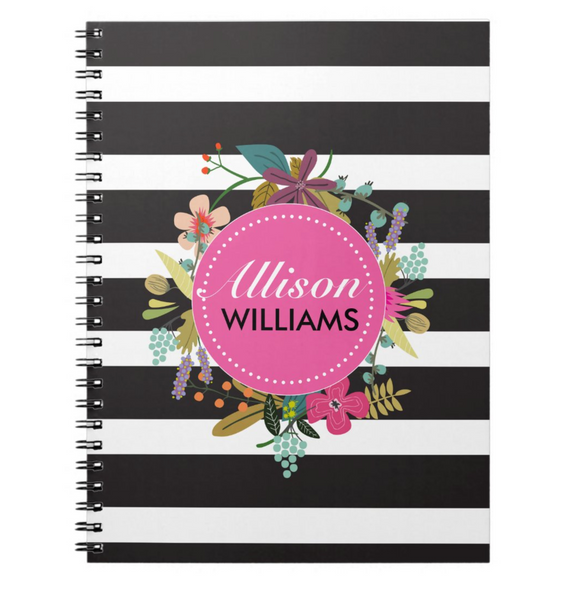 Black White Stripes & Floral Monogram - Personalized, Custom Spiral Notebook