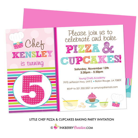 Little Chef Pizza & Cupcakes Baking Birthday Party Invitation - inkberrycards