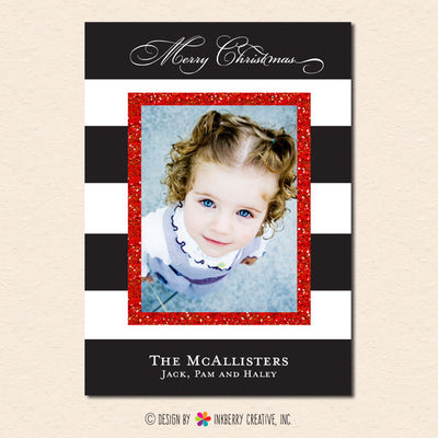Black & White Stripe Glitter Frame - Christmas Photo Card - inkberrycards