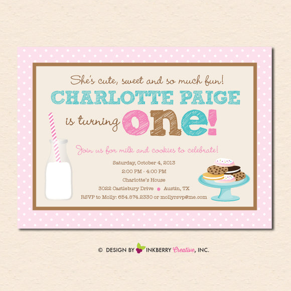 Milk and Cookies Party Invitation - Girls Pink Chocolate Chip Milk Cookies Birthday Party Invite - Digital File OR Printed Cardstock Cards