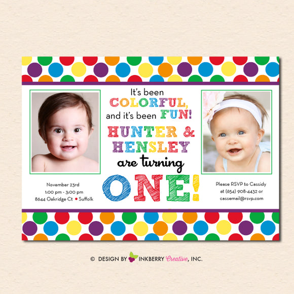 Rainbow Polka Dot Twins Birthday Party Invitation - Sibling, Twin, Boy, Girl Colorful (Digital or Printed on Cardstock)