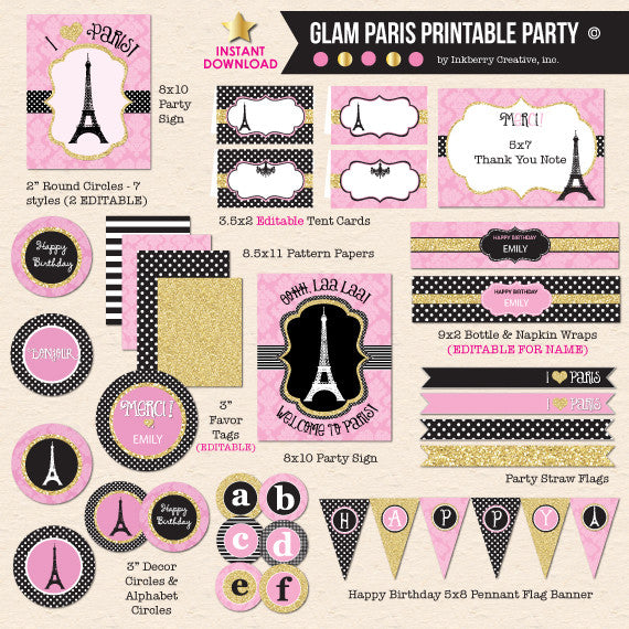 Girl's Paris Party Birthday -Pink, Black and Gold Glam - DIY Printable Party Pack - inkberrycards