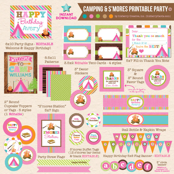 Girls Camping Birthday Party - DIY Printable Party Pack - inkberrycards