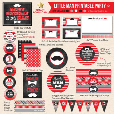 Little Man Bow Ties & Mustache Birthday - DIY Printable Party Pack - inkberrycards