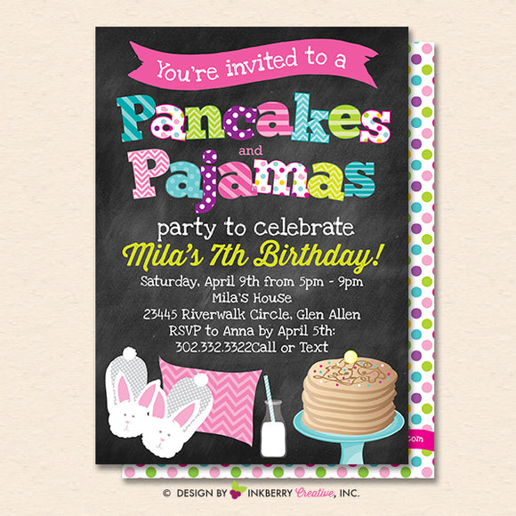 Pancakes and Pajamas Party Invitation (Chalkboard Style) - Kids Pancakes Pajama Birthday Party Invite - Printable, Instant Download, Editable, PDF - inkberrycards