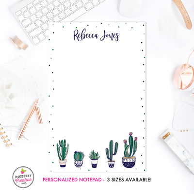 Personalized Notepad - Navy Green Cactus