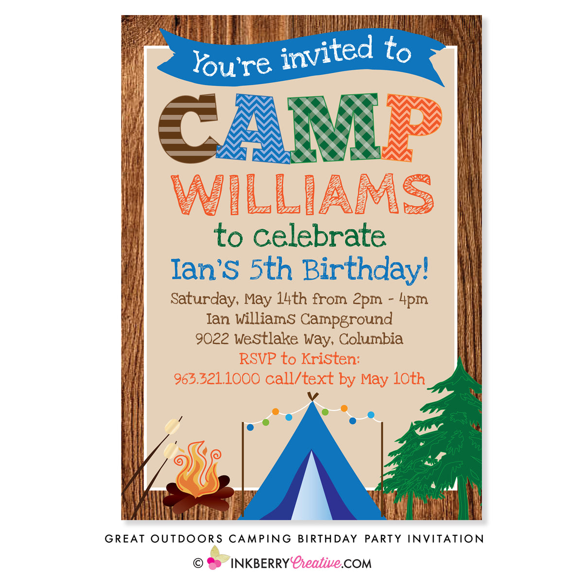 Great Outdoors Camping Birthday Party Invitation, image size:1200x1200