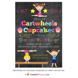 Cartwheels and Cupcakes Chalkboard Style (Boy & Girl) Gymnastics Party Invitation - inkberrycards