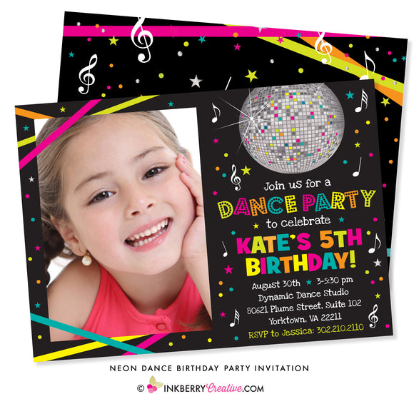 Neon Dance Party Birthday Party Invitation (Black) - with Photo - inkberrycards