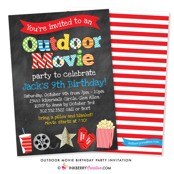 Outdoor Movie Birthday Party Invitation - Chalkboard Style - inkberrycards