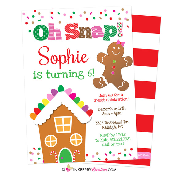 Gingerbread Birthday Party Invitation, Oh Snap Girls Gingerbread House Christmas Birthday Party - Printable, Instant Download, Editable, PDF