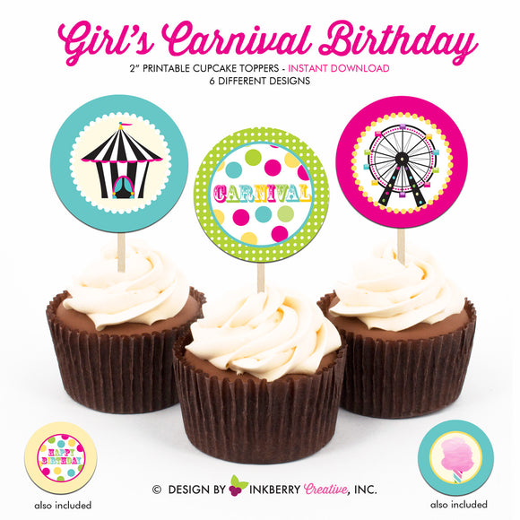 Kids Carnival (Girl) - Printable Cupcake Toppers - Instant Download PDF File - inkberrycards