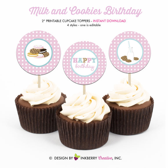 Milk and Cookies Birthday (Pink) - Printable Cupcake Toppers - Instant Download PDF File - inkberrycards