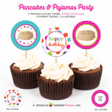 Pancakes and Pajamas Birthday (Pink, Aqua and Lime) - Printable Cupcake Toppers - Instant Download PDF File - inkberrycards