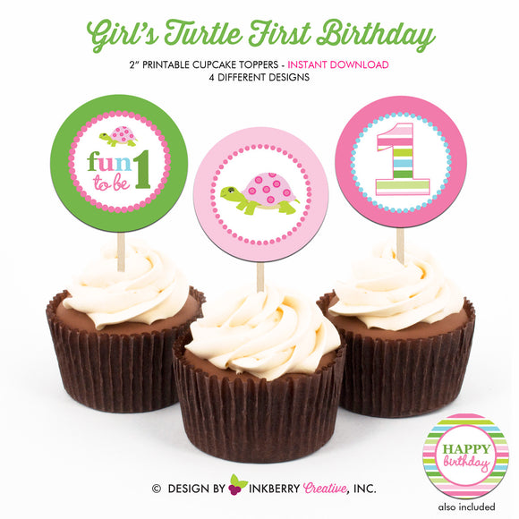 Turtle Birthday (Girl) - Printable Cupcake Toppers - Instant Download PDF File - inkberrycards