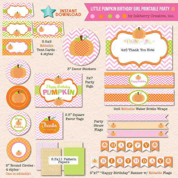 Little Pumpkin Girl Birthday - DIY Printable Party Pack - inkberrycards