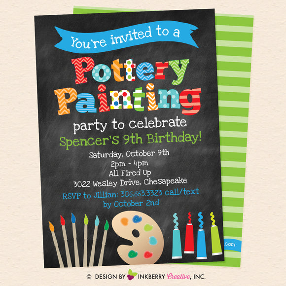 Pottery Painting Party Invitation (Boys) (Chalkboard Style) - Kids Art / Pottery Painting Birthday Party Invite - Printable, Instant Download, Editable, PDF