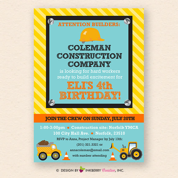 Little Builder Construction Equipment Birthday Party Invitation