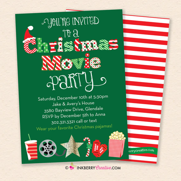 Christmas Movie Party Invitation, Christmas Movie Night Invite, Christmas Movie Pajama Party, Printable, Instant Download, Editable, PDF