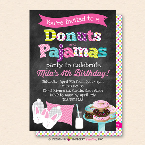 Donuts and Pajamas Party Invitation (Chalkboard Style) - Kids Donut Breakfast Pajama Birthday Party Invite - Printable, Instant Download, Editable, PDF - inkberrycards