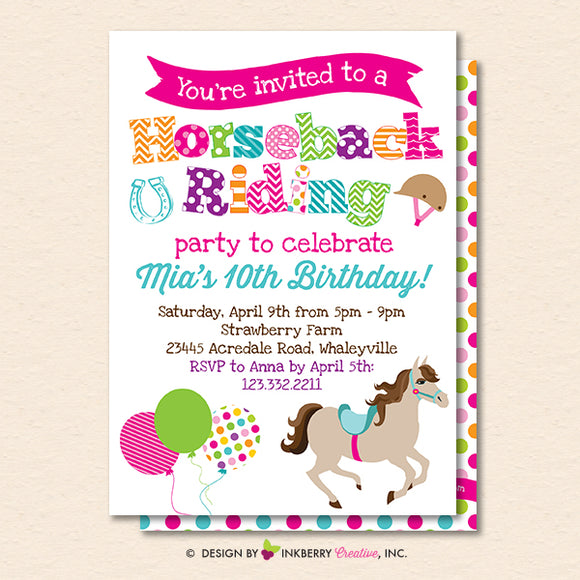 Horseback Riding Birthday Party Invitation (White) - Horse Theme Birthday Party Invite - Printable, Instant Download, Editable, PDF - inkberrycards