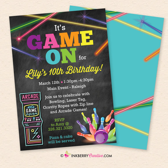 Game On - Arcade Games, Laser Tag, Bowling (Girls) Birthday Party Invitation