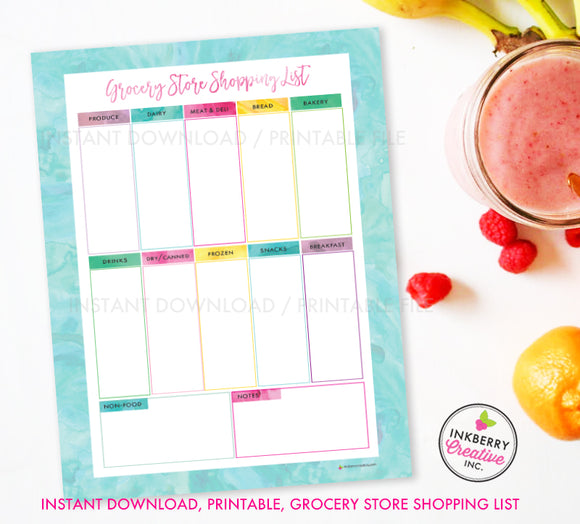 Printable Grocery Store Shopping List, Instant Download, PDF, Meal Planning, Grocery List, Weekly Grocery Store, Aqua Watercolor - inkberrycards