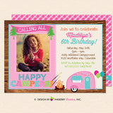 Happy Camper Girls Camping Birthday Party Photo Invitation