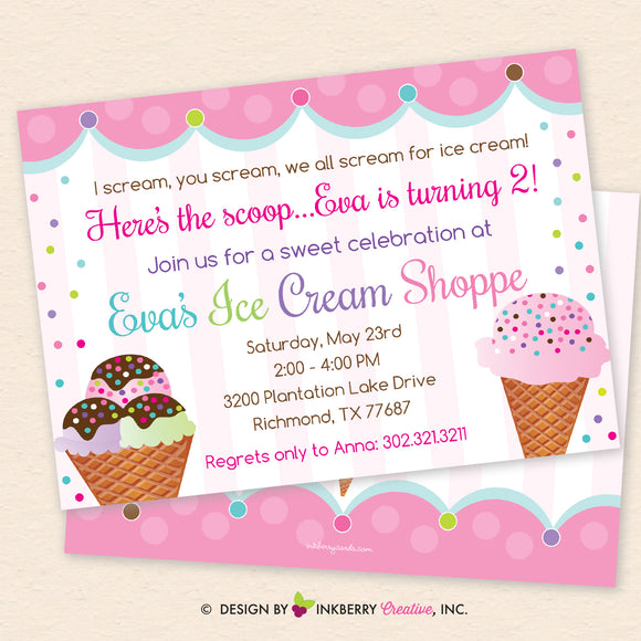 Ice Cream Shoppe Birthday Party Invitation - Sprinkles, Sundae, Ice Cream Party Invite