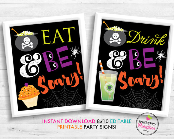 Kids Halloween Party - Eat Drink and Be Scary Printable Halloween Sign - 8x10 - Instant Download PDF File