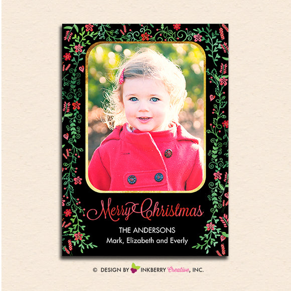 Ornate Floral Gold Frame Christmas Photo Card - inkberrycards