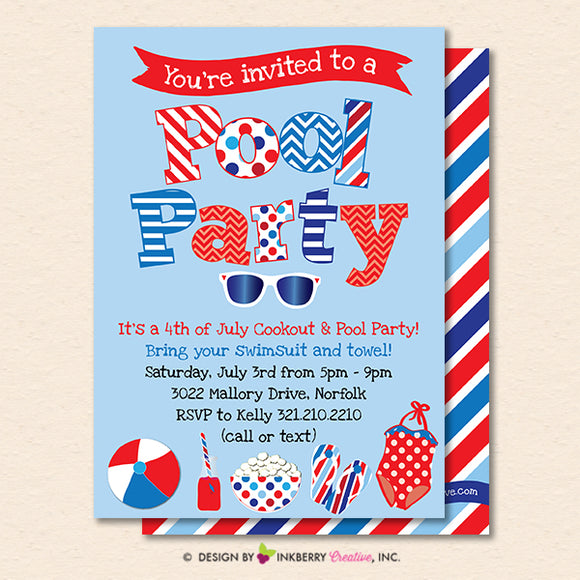 Patriotic Pool Party Invitation - Summer, Patriotic, 4th of July, Memorial Day, Pool Party - Printable, Instant Download, Editable, PDF - inkberrycards