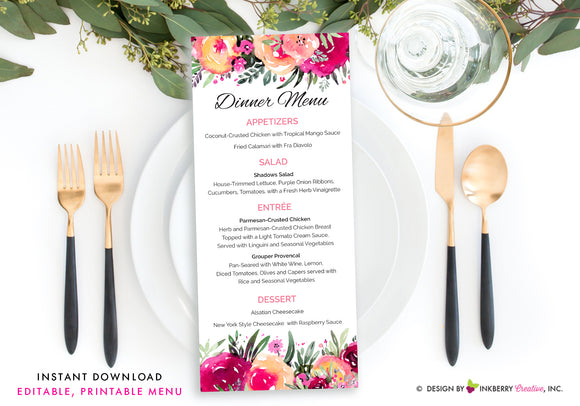 Bright Colorful Watercolor Floral Wedding Menu - Printable, Editable, Menu Cards - Instant Download, Editable PDF File, Print Your Own - inkberrycards