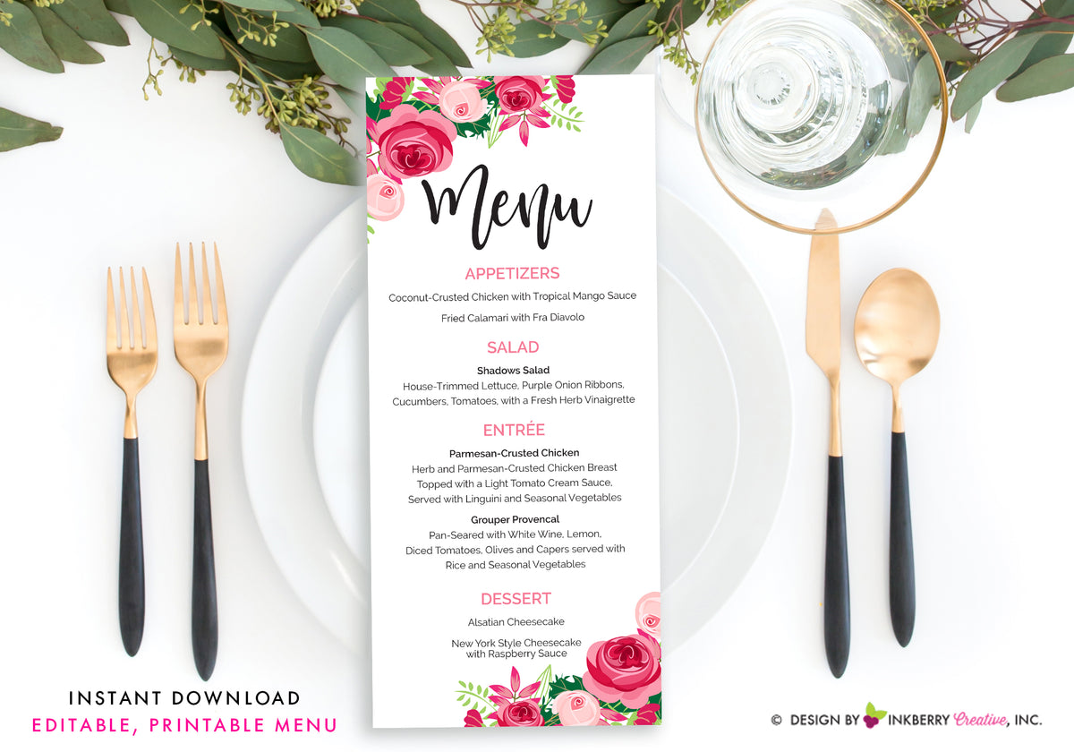 Pink Floral Wedding Menu - Printable, Editable, Menu Cards - Instant  Download, Editable PDF File, Print Your Own, image size:1200x840