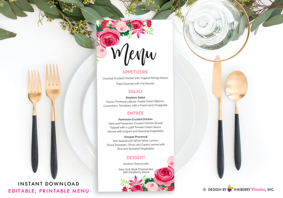 Pink Floral Wedding Menu - Printable, Editable, Menu Cards - Instant Download, Editable PDF File, Print Your Own - inkberrycards