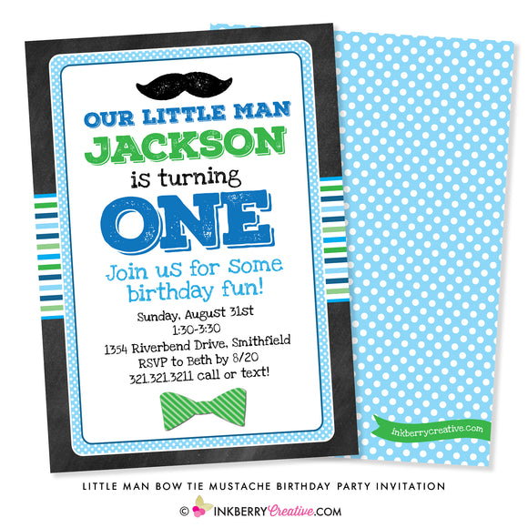 Little Man Bow Tie and Mustache Birthday Party Invitation - inkberrycards