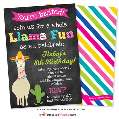 Llama Birthday Party Invitation - Chalkboard Style - inkberrycards
