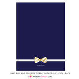 Navy Blue, White Stripe, Gold Glitter Bow Tie Baby Shower Invitation - inkberrycards