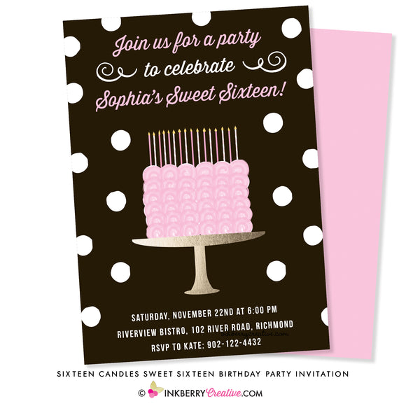 Sixteen Candles Sweet 16 Birthday Cake Party Invitation - inkberrycards
